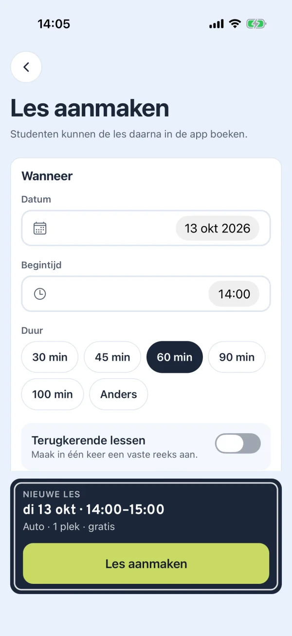 Een les aanmaken in de Rijschema-app, met datum, tijd, duur en herhaling.