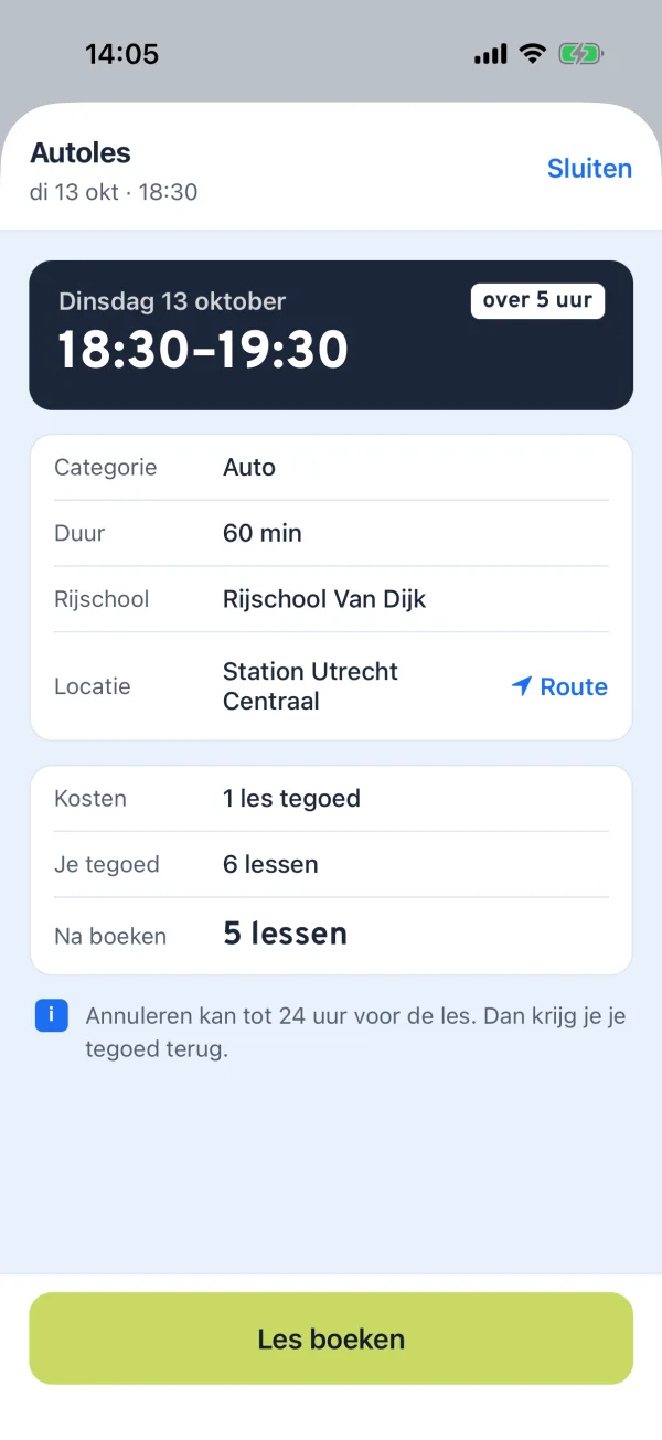 De Rijschema-app: een leerling boekt een les en ziet vooraf wat het van het tegoed kost.