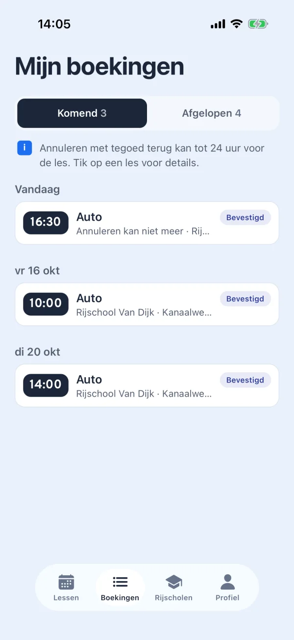 Mijn boekingen in de app: komende lessen met datum en rijschool.