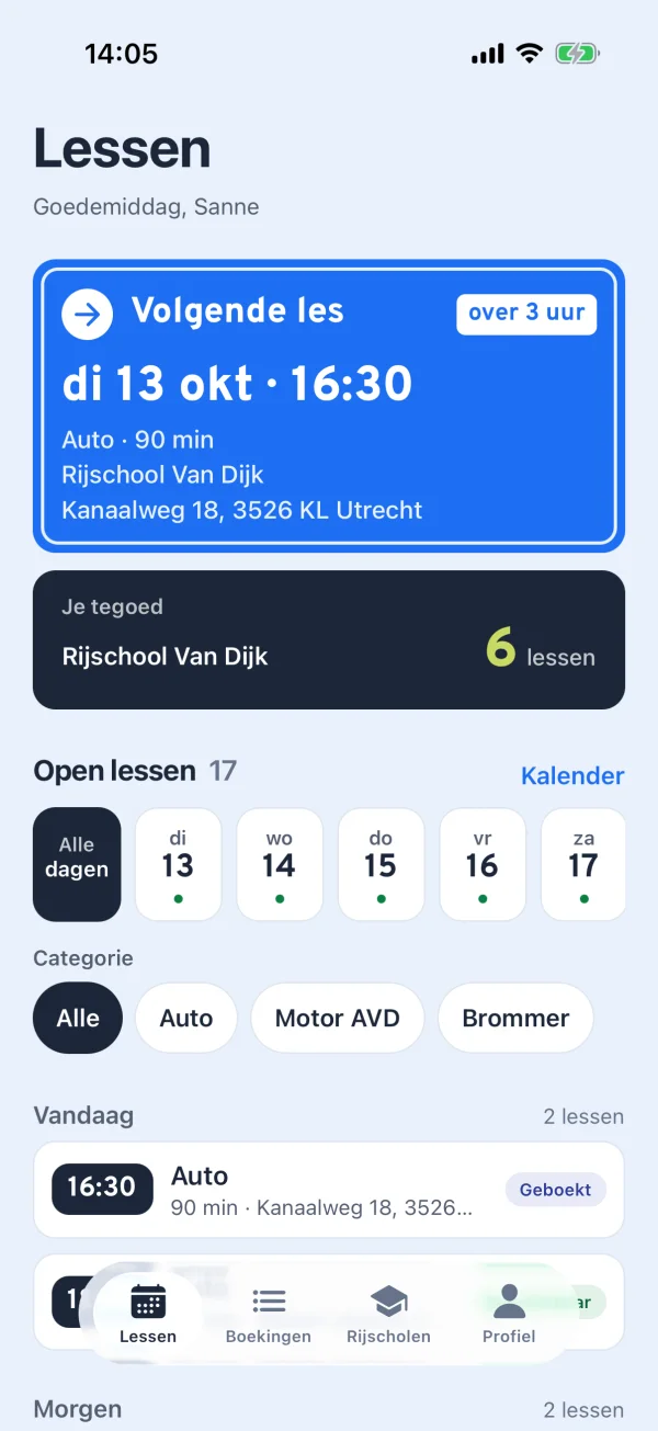 Het startscherm van de leerling: volgende les, tegoed per rijschool en open lessen.