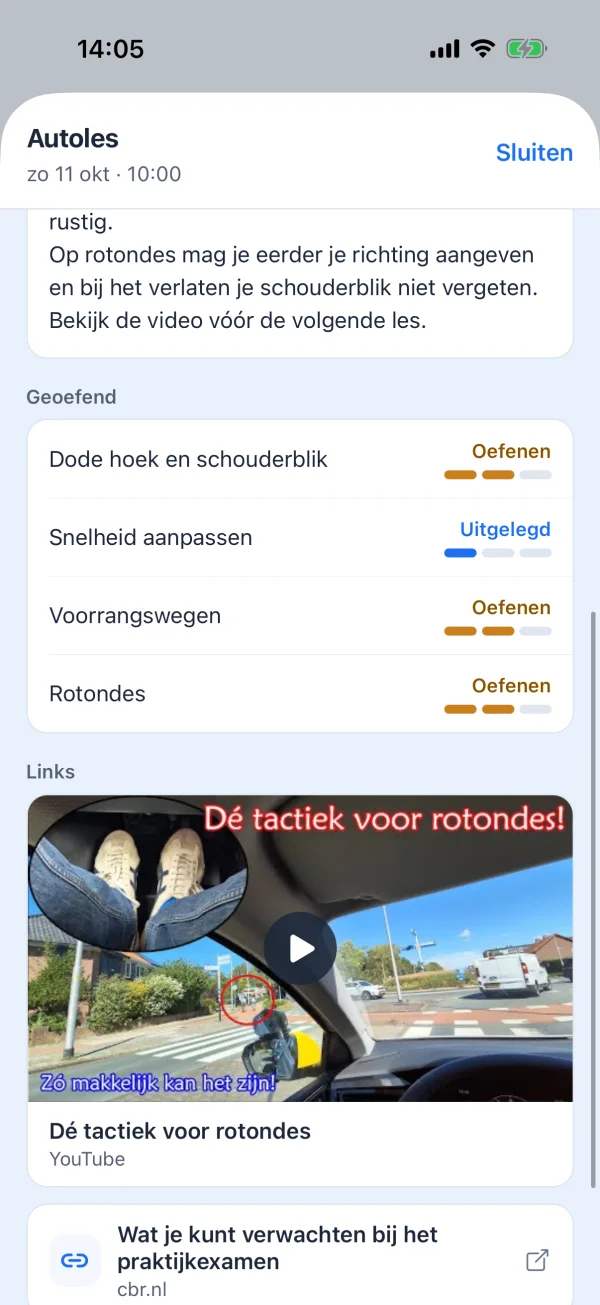Feedback van de instructeur na een les, met een YouTube-video om te oefenen.